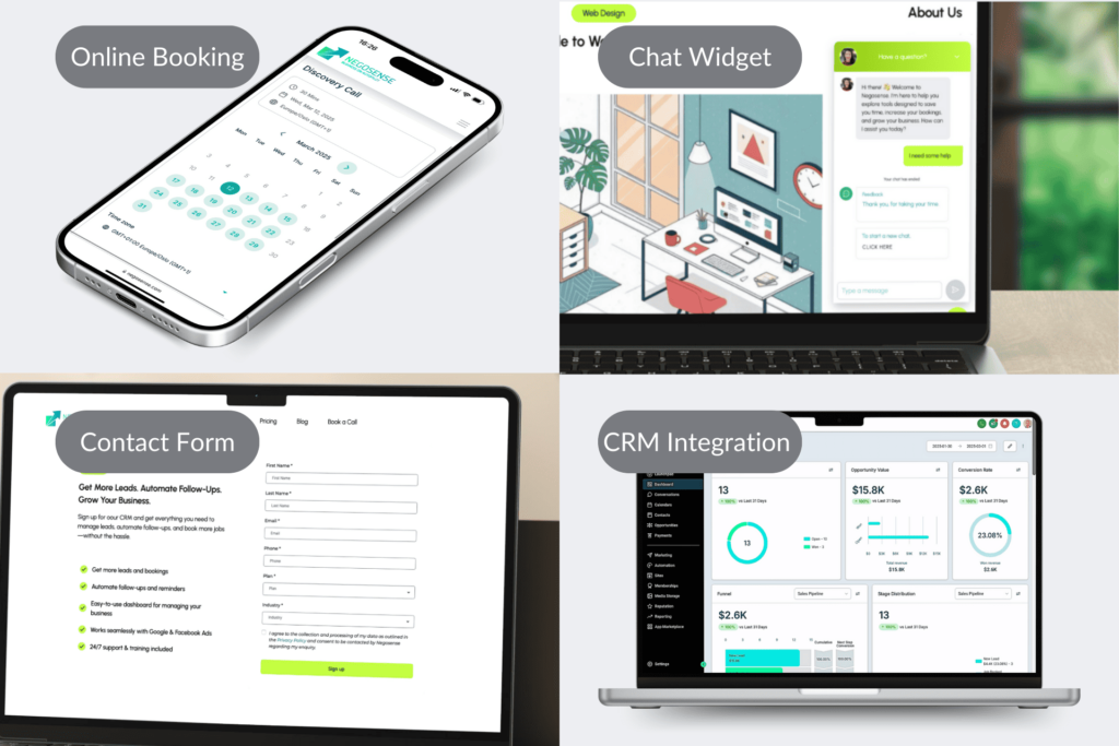 An image showing online booking for a cleaning business on an iPhone, a chat widget on a laptop, contact form on a laptop, and CRM integration 