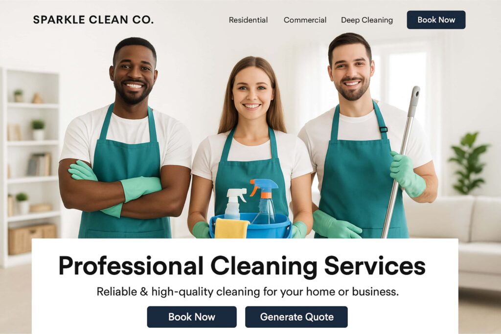 Example of a free cleaning business website for Sparkle Clean Co., featuring a clean, modern design with three professional cleaners, easy navigation, and call-to-action buttons to book services or request a quote.