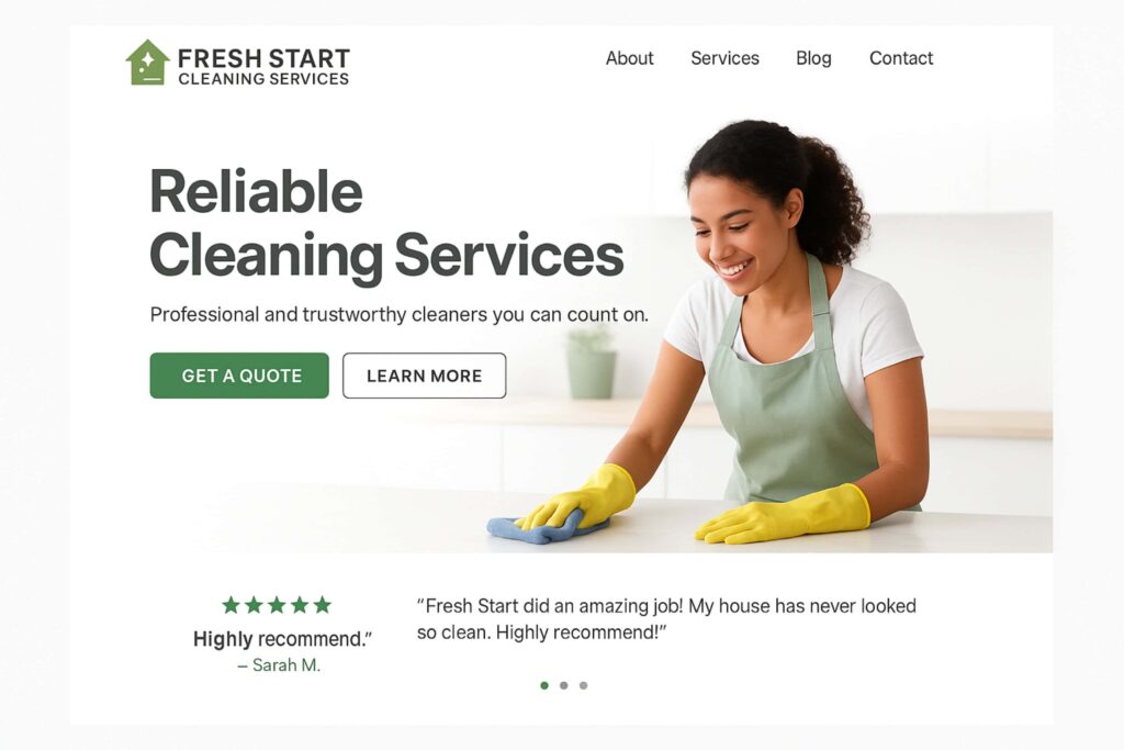 Free cleaning business website example for Fresh Start Cleaning Services, featuring a modern green-and-white design, friendly cleaner image, strong call-to-action buttons, and a customer testimonial that builds trust.