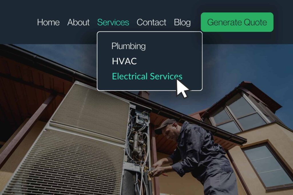 Contractor Website Example Showing Service Menu Dropdown