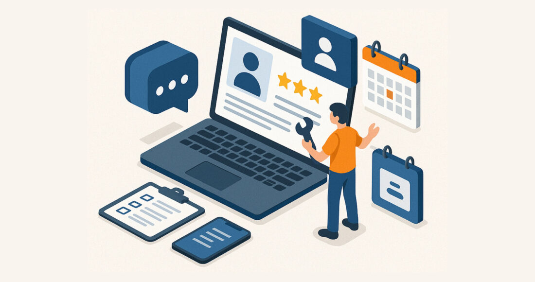 Dashboard view of a CRM for home services with calendar, customer profiles, and automated review features.