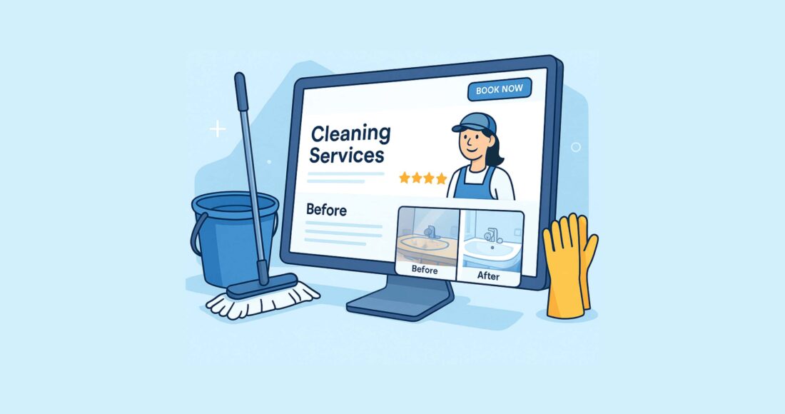 Isometric illustration of a free cleaning business website designed to generate leads, featuring a sleek desktop screen with a cleaning services homepage, booking button, before-and-after images, and cleaning tools. Modern and minimalist tech-style layout emphasizes online visibility and sales growth.