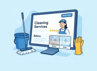 Isometric illustration of a free cleaning business website designed to generate leads, featuring a sleek desktop screen with a cleaning services homepage, booking button, before-and-after images, and cleaning tools. Modern and minimalist tech-style layout emphasizes online visibility and sales growth.