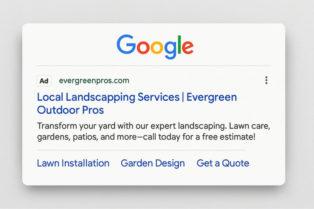 Example of Google search ad for landscaping services — part of a PPC strategy to get lawn care customers.