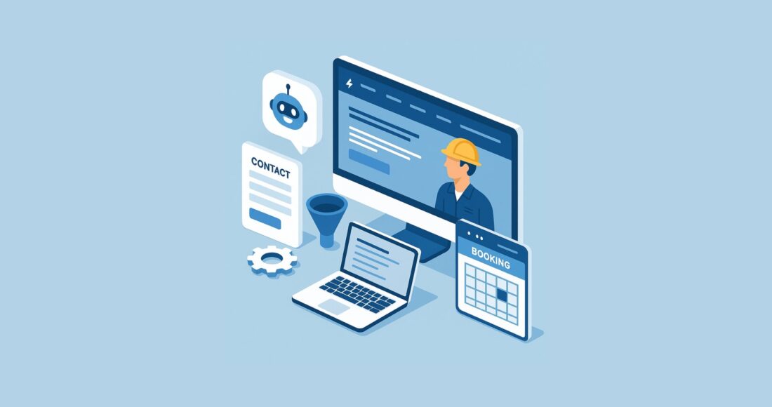 Isometric illustration of an electrician website builder interface showing a desktop with an electrician profile, booking calendar, contact form, chatbot icon, and laptop—representing tools included in the best website builder for electricians.