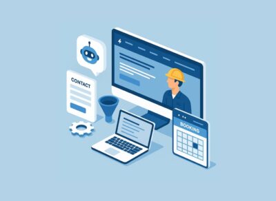 Isometric illustration of an electrician website builder interface showing a desktop with an electrician profile, booking calendar, contact form, chatbot icon, and laptop—representing tools included in the best website builder for electricians.