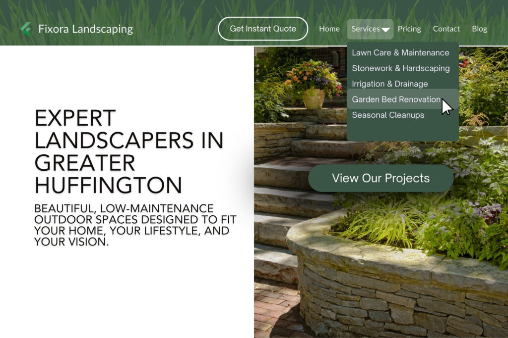 Fixora Landscaping website homepage with service menu and CTA — example of high-converting lawn care website design.