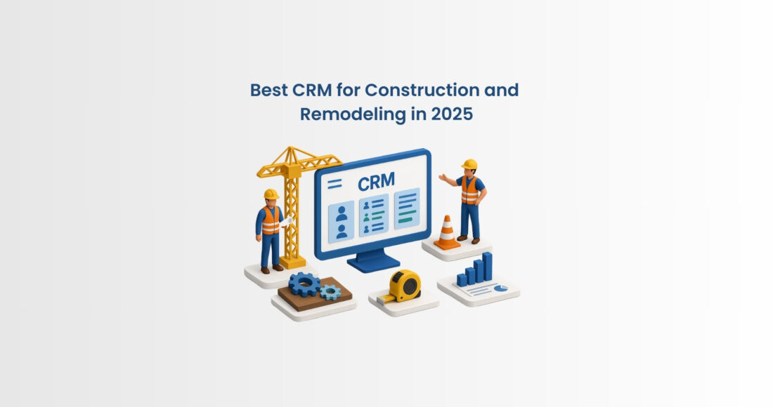 3D isometric illustration showing CRM software for construction and remodeling with project tracking, job scheduling, and team communication tools