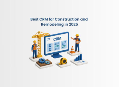 3D isometric illustration showing CRM software for construction and remodeling with project tracking, job scheduling, and team communication tools