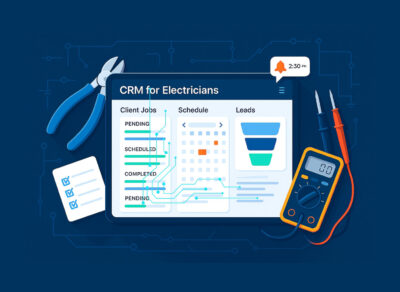 CRM dashboard for electricians showing job scheduling, lead tracking, and client management features on a tablet, surrounded by electrician tools like wire cutters and a multimeter.