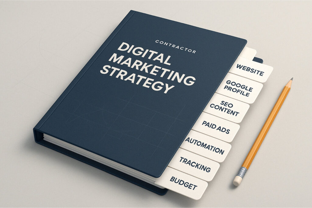 A Binder Showing the Different Elements of a Digital Marketing Strategy for Home Service Businesses