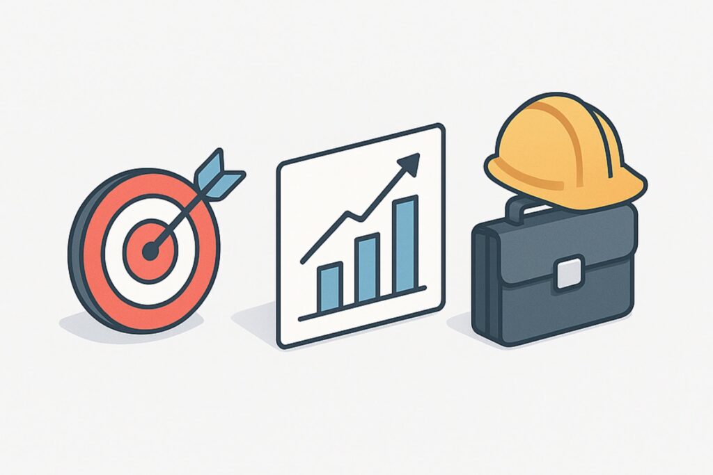 A target, a graph, and a briefcase with a construction helmet, illustrating HVAC growth
