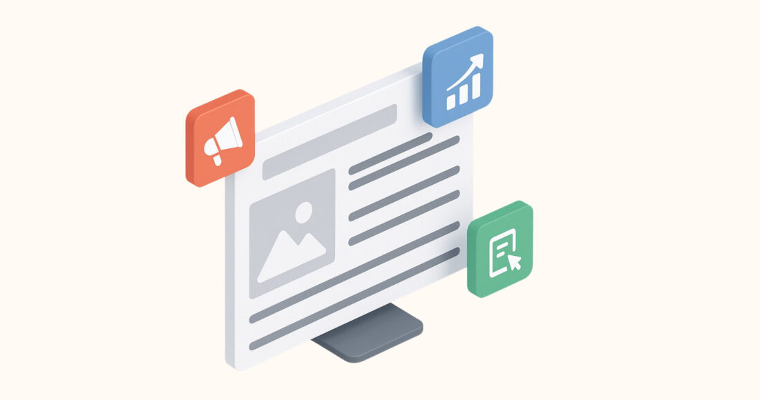 Illustration of a blog post with marketing, analytics, and writing icons representing content marketing for home services.