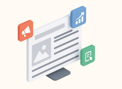 Illustration of a blog post with marketing, analytics, and writing icons representing content marketing for home services.