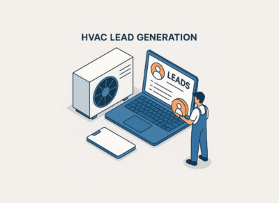 Modern isometric illustration of HVAC lead generation featuring a technician, laptop, and HVAC unit, symbolizing strategies on how to get more HVAC customers using AI, automation, and interactive tools
