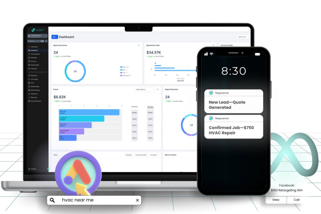 Stylized Illustration with Laptop and Cellphone with overlays Showing How to Get HVAC Customers With Digital Marketing