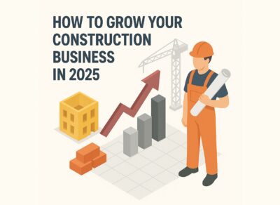 Isometric 3D illustration of a construction worker, building materials, growth chart, and crane for a blog post on how to grow a construction business in 2025.