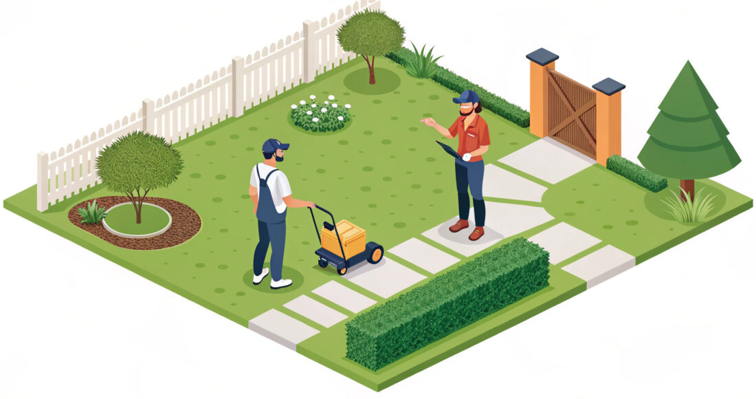 Illustration of a lawn care professional speaking with a homeowner in a neatly maintained yard — visual for attracting lawn care customers in 2025.