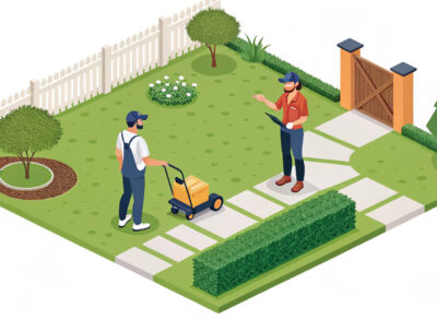 Illustration of a lawn care professional speaking with a homeowner in a neatly maintained yard — visual for attracting lawn care customers in 2025.
