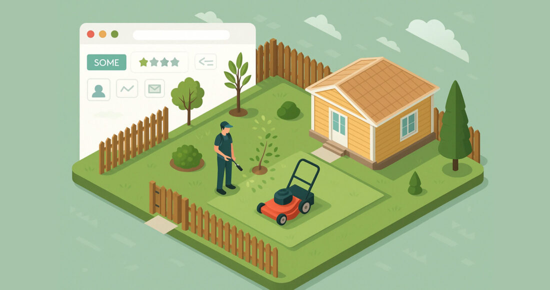 Lawn care website design for more leads illustrated with a contractor mowing grass in front of a digital review-filled homepage.