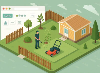 Lawn care website design for more leads illustrated with a contractor mowing grass in front of a digital review-filled homepage.