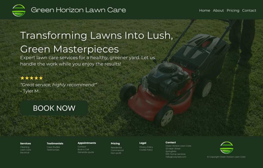 Example of high-converting lawn care website design featuring clear CTA, testimonial, and service overview for lead generation.