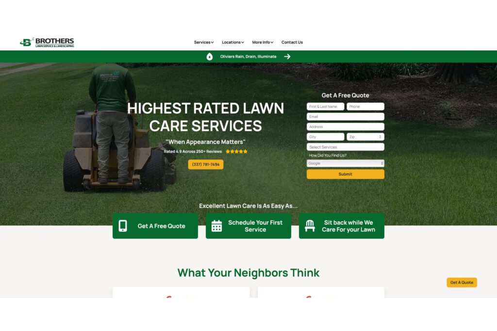 Lawn care website example from Brothers Lawn Care featuring quote form, reviews, and strong call-to-action for converting landscaping leads.