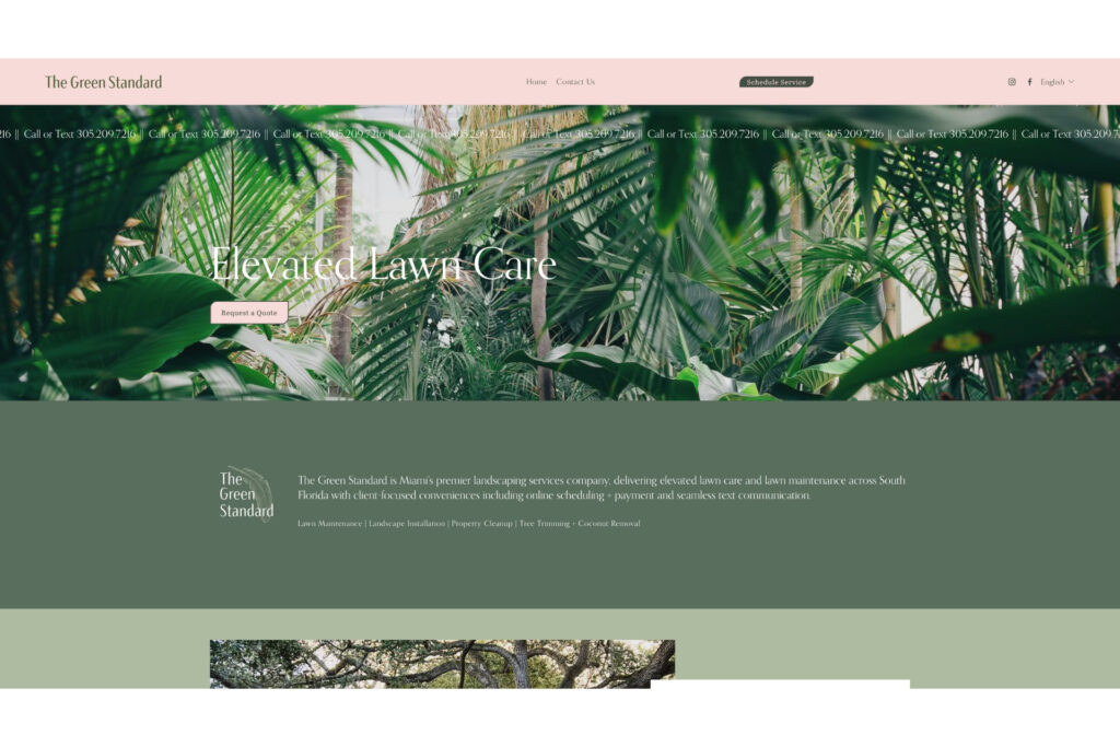 Homepage of The Green Standard, a Florida-based lawn care company, showcasing premium design with lush imagery and elegant branding.