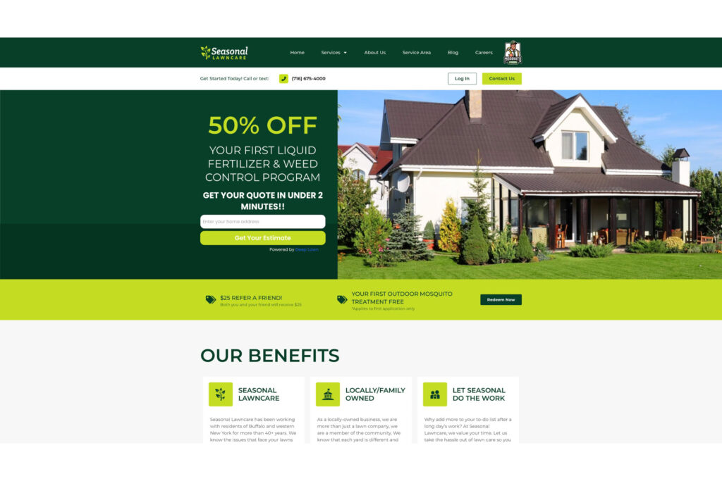 Seasonal Lawn Care homepage highlighting a 50% discount promotion, with bold CTAs, benefit highlights, and a vibrant residential lawn image.