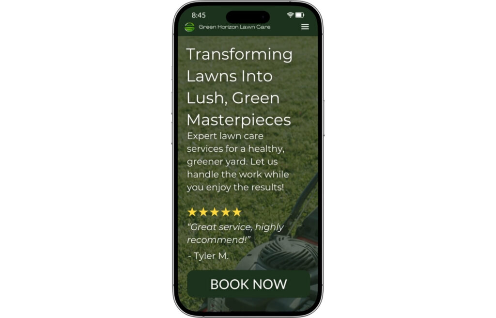 Mobile-optimized lawn care website design with responsive layout, clear call-to-action button, and customer testimonial for lead generation.