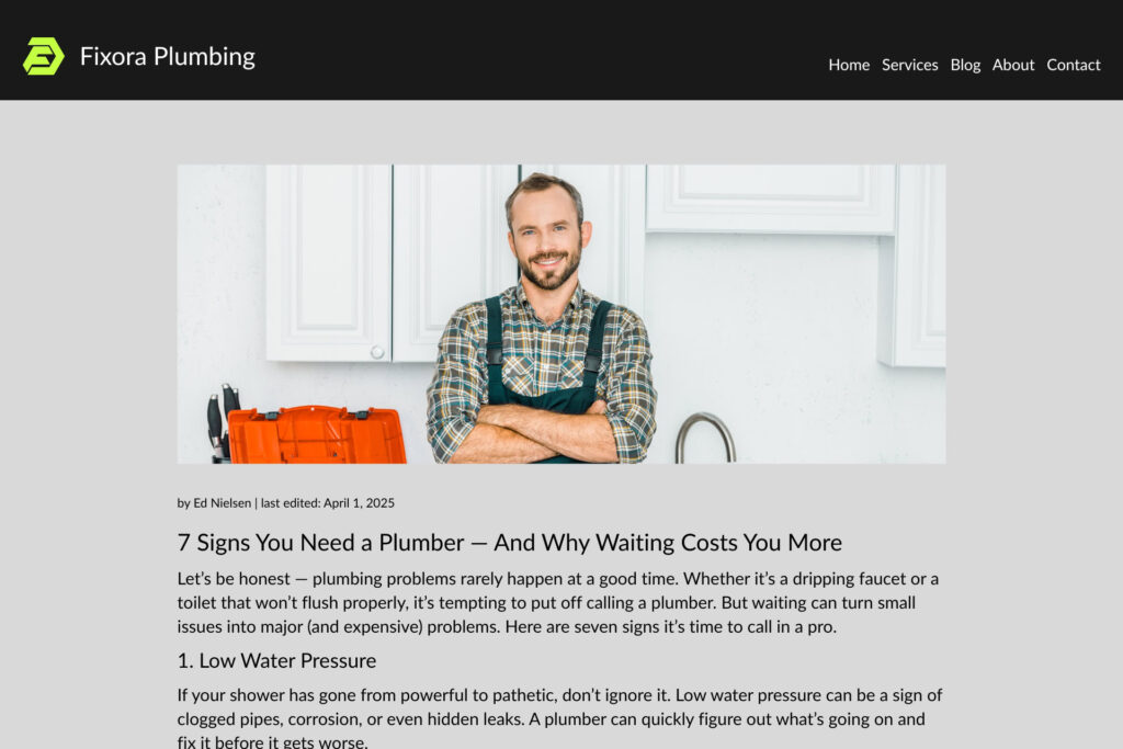 An illustration of an example of a blog post for a ficticious plumbing business, with the headline "7 signs you need a plumber, and why waiting costs you more"