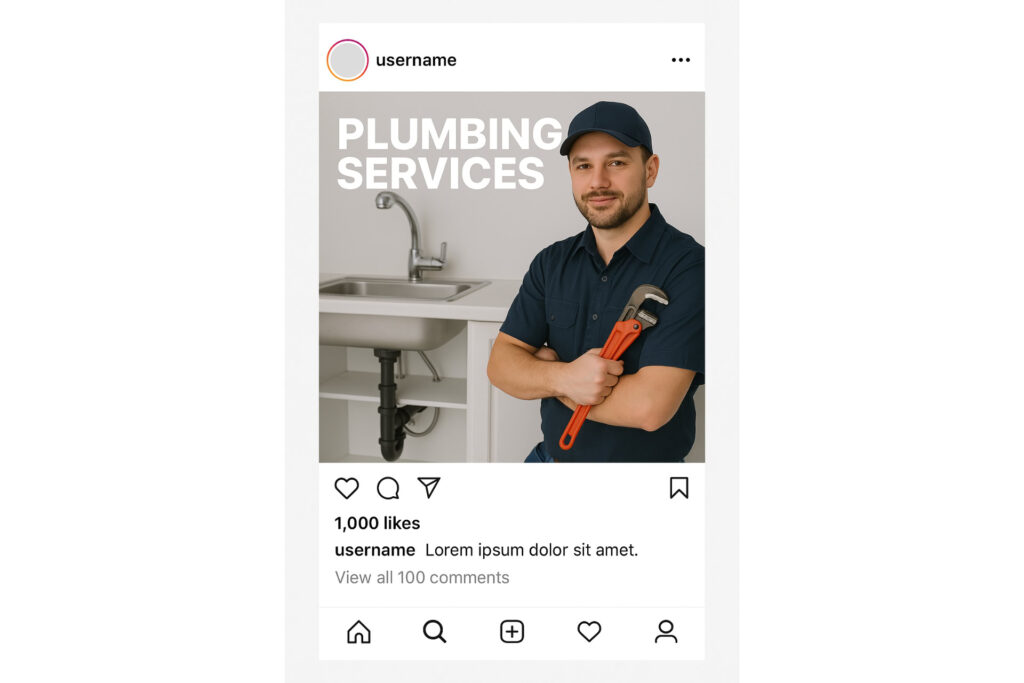 An example of plumbing marketing with an instagram post for a fictitious plumbing business, showing a smiling plumber holding a tool next to a sink