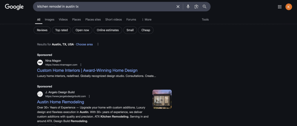 Google Paid Search Result Example for Construction Company