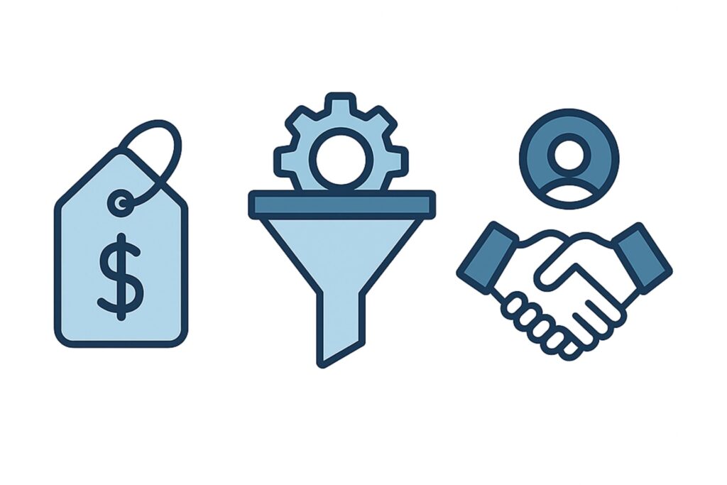 A price tag, a funnel, and shaking hands, illustrating how to price HVAC services for growth