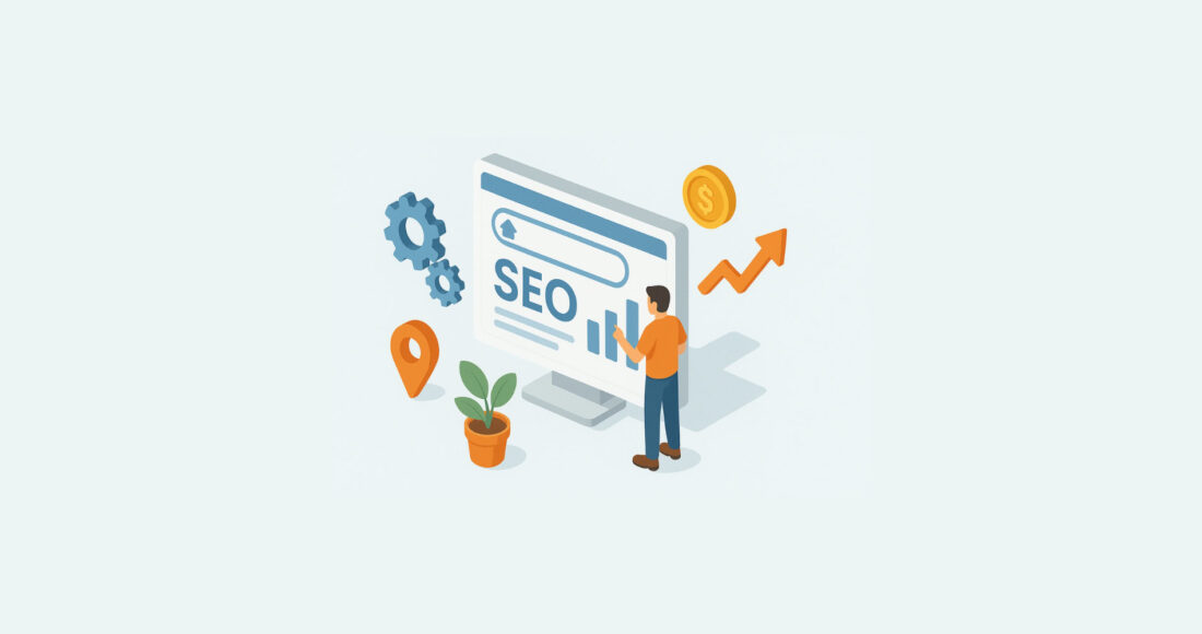 Illustration of SEO for home services with person analyzing search performance, local map pin, and growth icons.