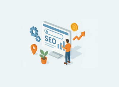 Illustration of SEO for home services with person analyzing search performance, local map pin, and growth icons.