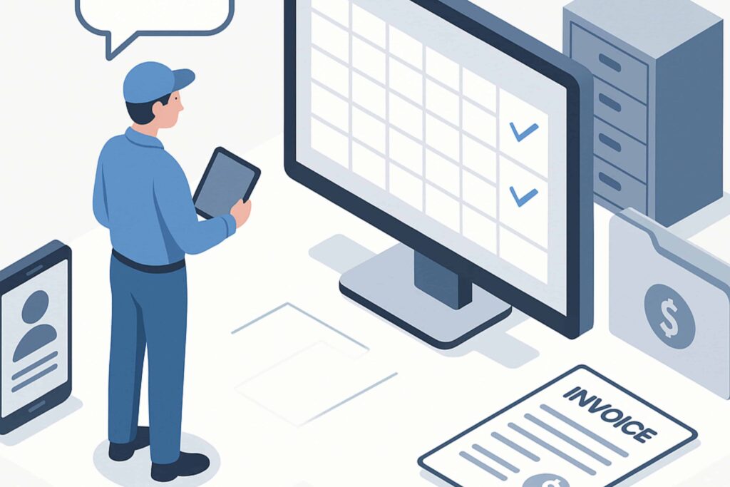 Isometric illustration of a plumber using CRM software for job scheduling, invoicing, and customer management — optimized for plumbing business operations.