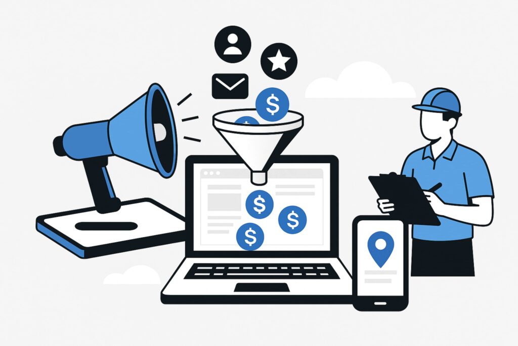 Illustration of a lead generation funnel with laptop, megaphone, and location icons — representing digital marketing strategies for plumbers like SEO and Google Ads.