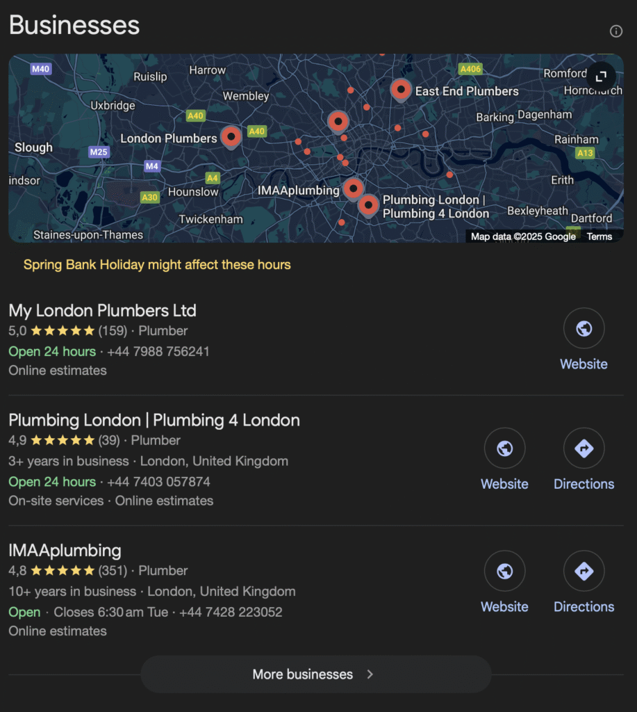 Google Map Pack results for plumbers in London showing top-ranked local businesses with ratings, hours, and contact options.