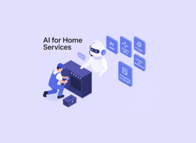 AI for home services illustrated with technician assisted by robot and tools like custom GPTs, AI apps, and automation workflows.