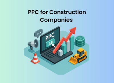 3D isometric illustration showing a PPC ad campaign for construction companies, with a laptop, rising bar chart, red arrow, traffic cone, and bulldozer.