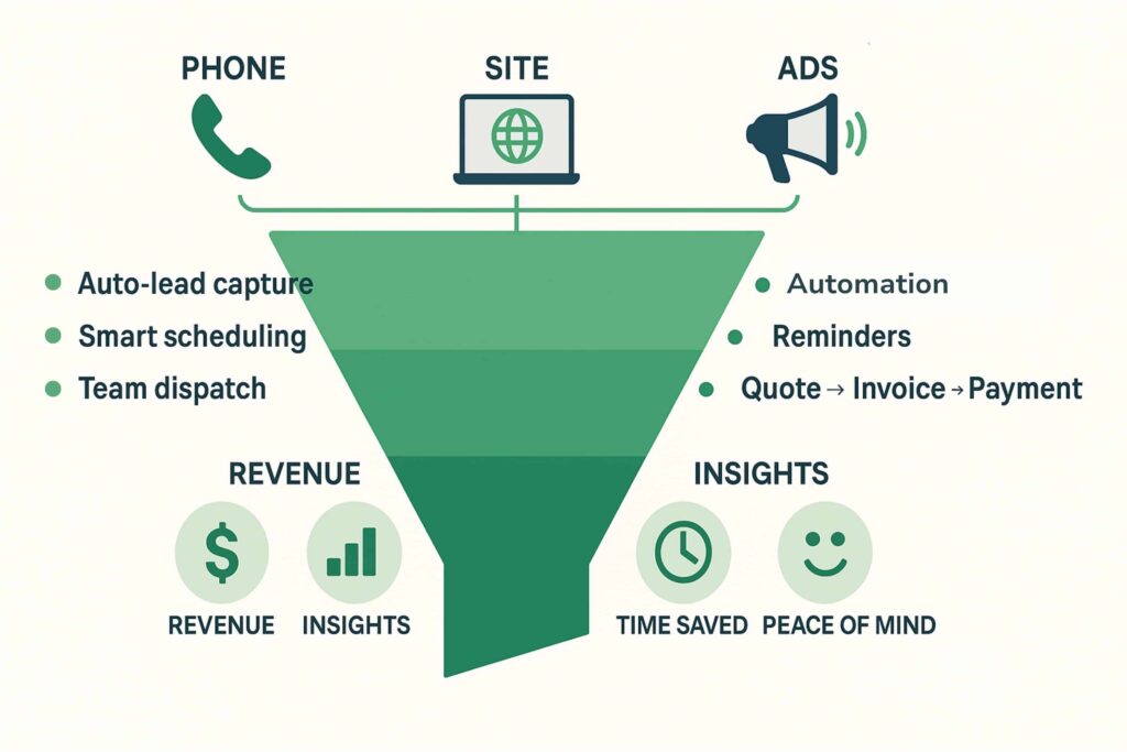Infographic showing how a CRM for pest control companies captures leads from ads, phone calls, and websites, then automates follow-up, scheduling, and dispatch to increase revenue and efficiency.
