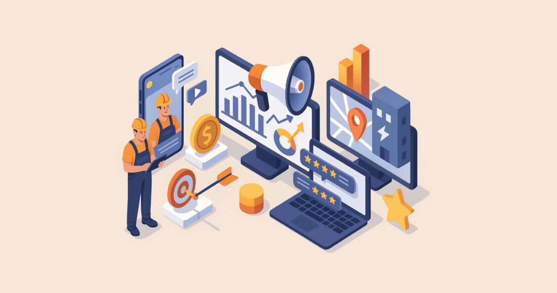 3D isometric illustration of an electrician using digital marketing tools li