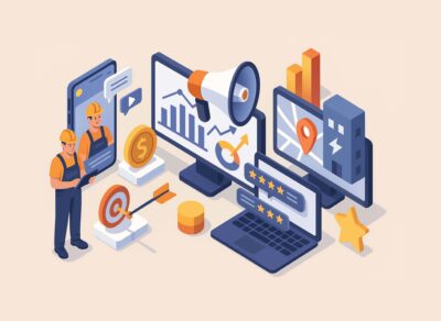 3D isometric illustration of an electrician using digital marketing tools li