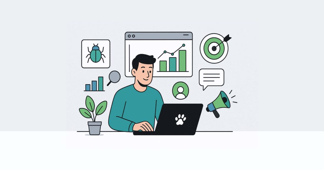 A flat-style digital illustration shows a young man with dark hair using a laptop that has a white paw print logo. Surrounding him are icons representing digital marketing: a bar graph, magnifying glass, pest bug icon, growth chart, target with arrow, speech bubble, user avatar, and a megaphone. A small potted plant sits on the desk. The background is clean and light gray, evoking a modern, tech-savvy feel.