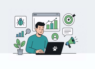 A flat-style digital illustration shows a young man with dark hair using a laptop that has a white paw print logo. Surrounding him are icons representing digital marketing: a bar graph, magnifying glass, pest bug icon, growth chart, target with arrow, speech bubble, user avatar, and a megaphone. A small potted plant sits on the desk. The background is clean and light gray, evoking a modern, tech-savvy feel.