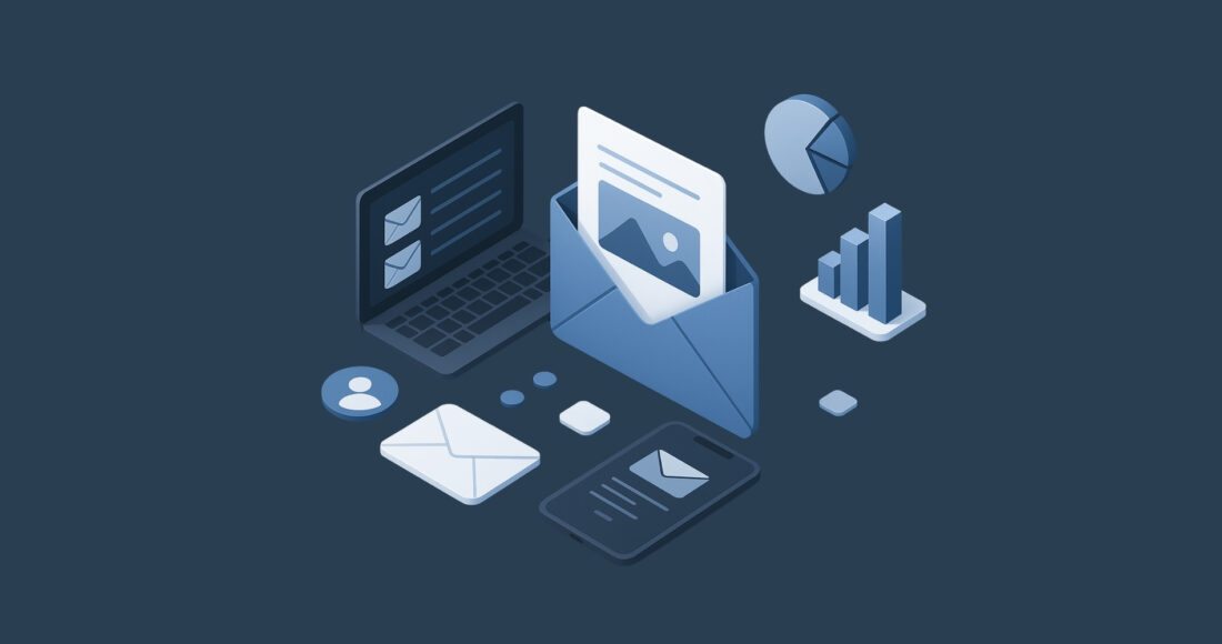 Email marketing for home services illustrated with digital envelopes, mobile and desktop campaigns, and performance analytics.