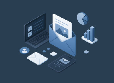 Email marketing for home services illustrated with digital envelopes, mobile and desktop campaigns, and performance analytics.