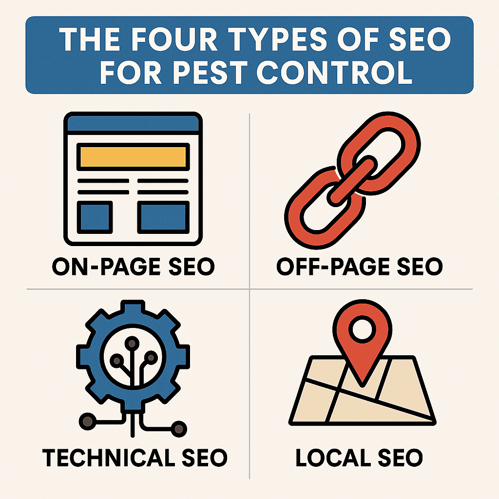 The four types of SEO for pest control. On-page SEO, Off-page SEO, technical SEO, and local SEO