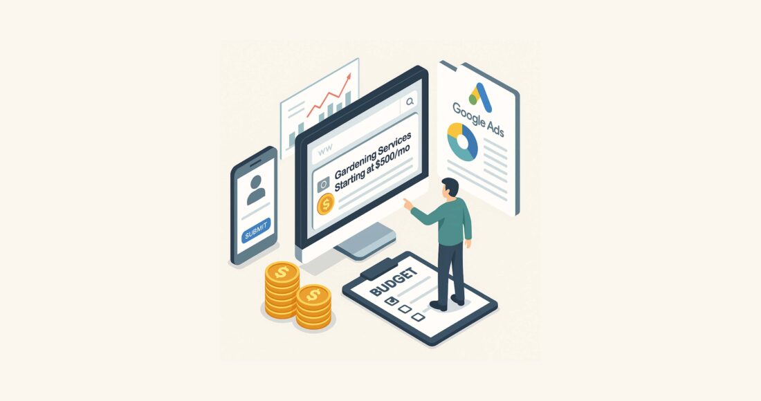 Illustration of a home service provider running a Google Ads paid search campaign on a small budget with keyword targeting and performance tracking.